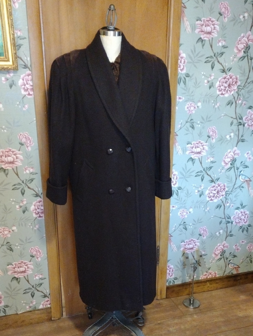 Long Double-Breasted Brown Wool Coat With Suede Detailing At Shoulders